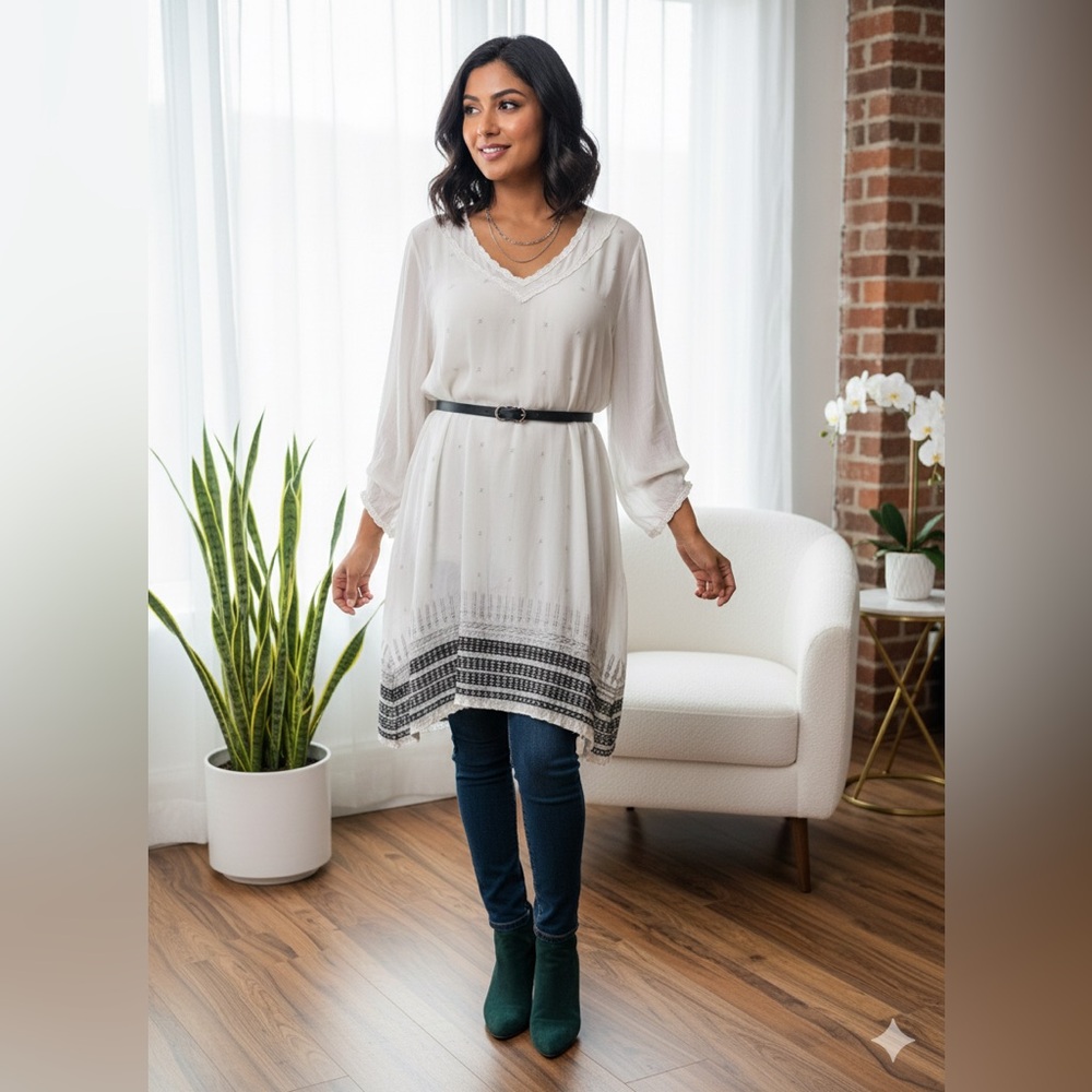 Johnny Was Cream Tunic with Embroidered Accents